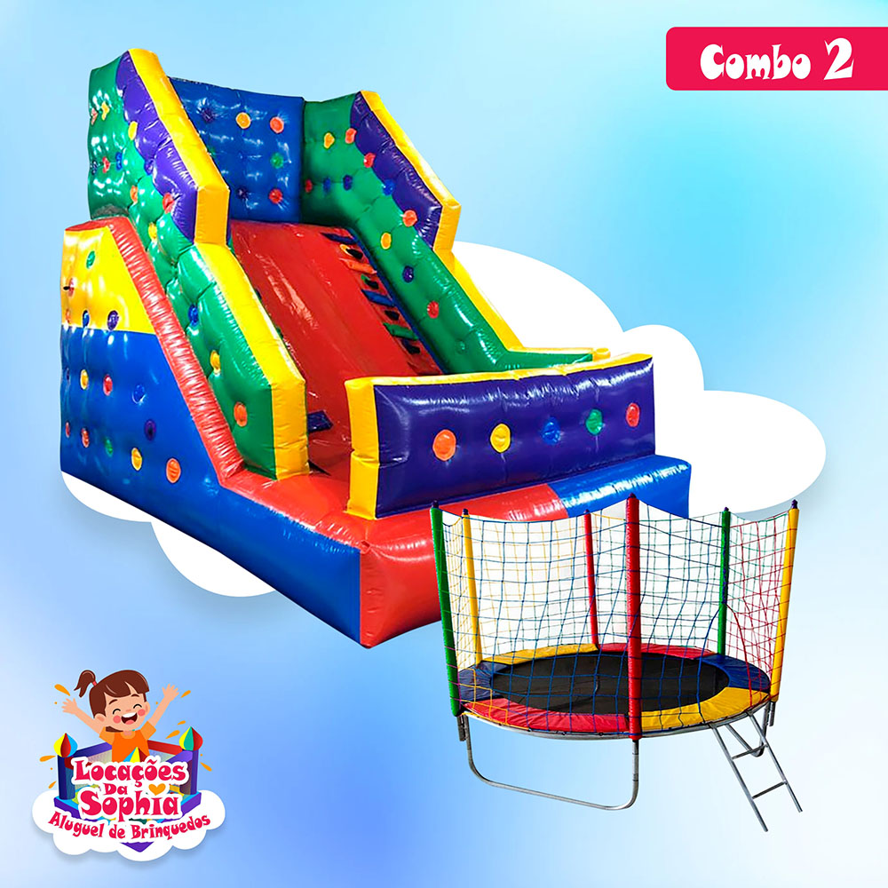 Combo 2 - Tobogã Colorex Premium Inflável - Cama Elástica de 2m - Locações da Sophia - Aluguel de Brinquedos