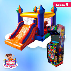 Combo 5 - Castelo Inflável com Tobogã e Tourinho - Mini Fliperama BarTop 15 pol 2100 Jogos - Locações da Sophia - Aluguel de Brinquedos