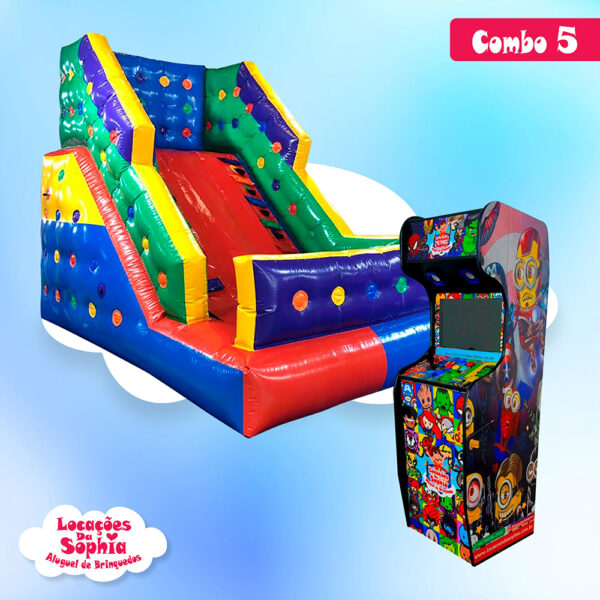 Combo 5 - Tobogã Colorex Premium Inflável - Mini Fliperama BarTop 15 pol 2100 Jogos - Locacoes da Sophia - Aluguel de Brinquedos