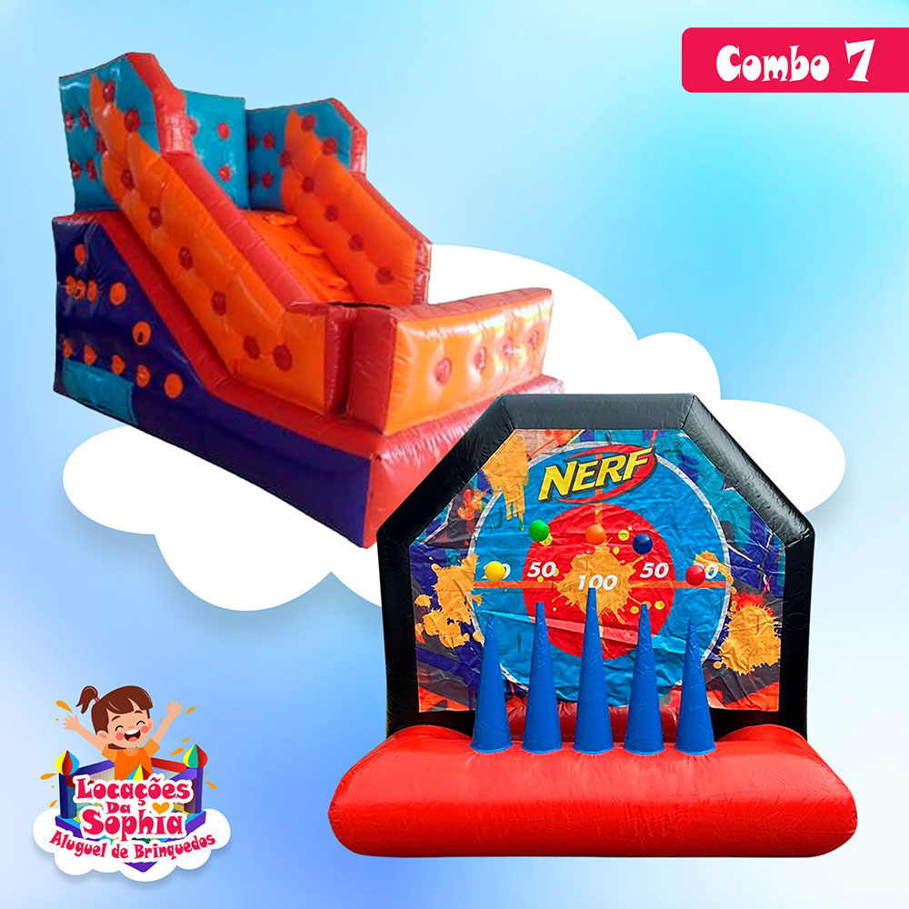 Combo 7 - Mini Tobogã Inflável - Arco Play e Nerf Inflável - Locações da Sophia - Aluguel de Brinquedos