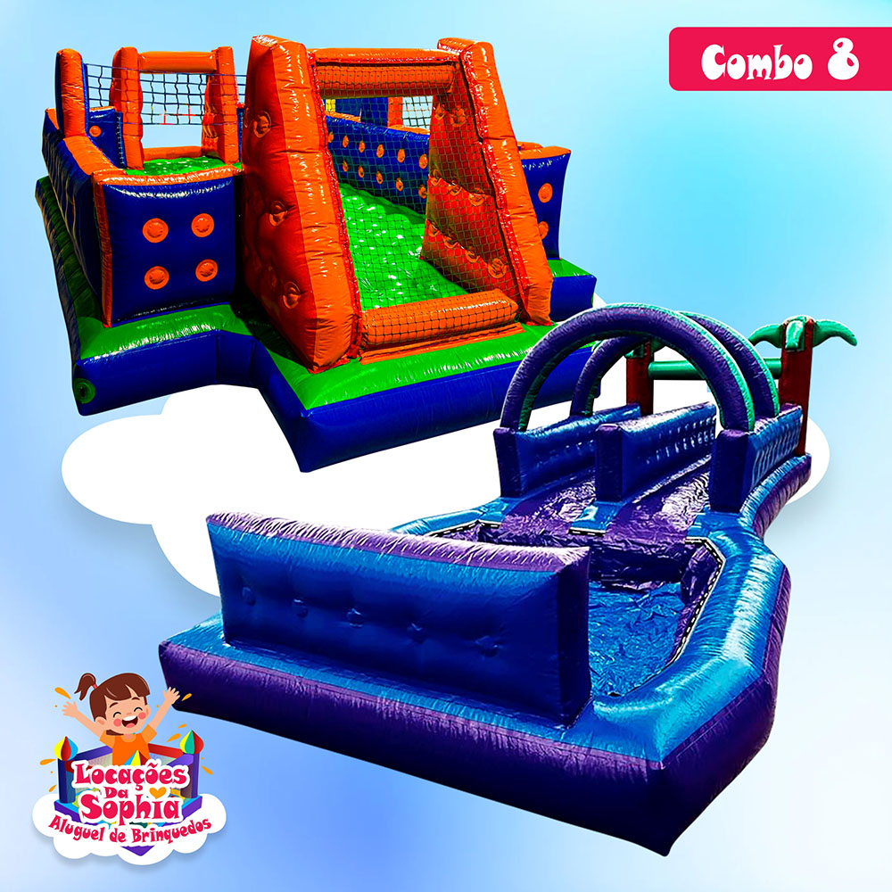 Combo 8 - Futebol de Sabão com Voleibol Inflável - Escorrega Radical com Piscina Inflável - Locações da Sophia - Aluguel de Brinquedos